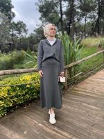 Koyu Yeşil Triko Simli Etekli Takım